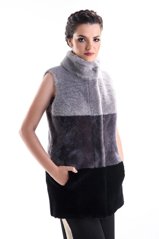 Gray Double Face Geniune Nappa Lamb Leather Mouton Fur Vest-0