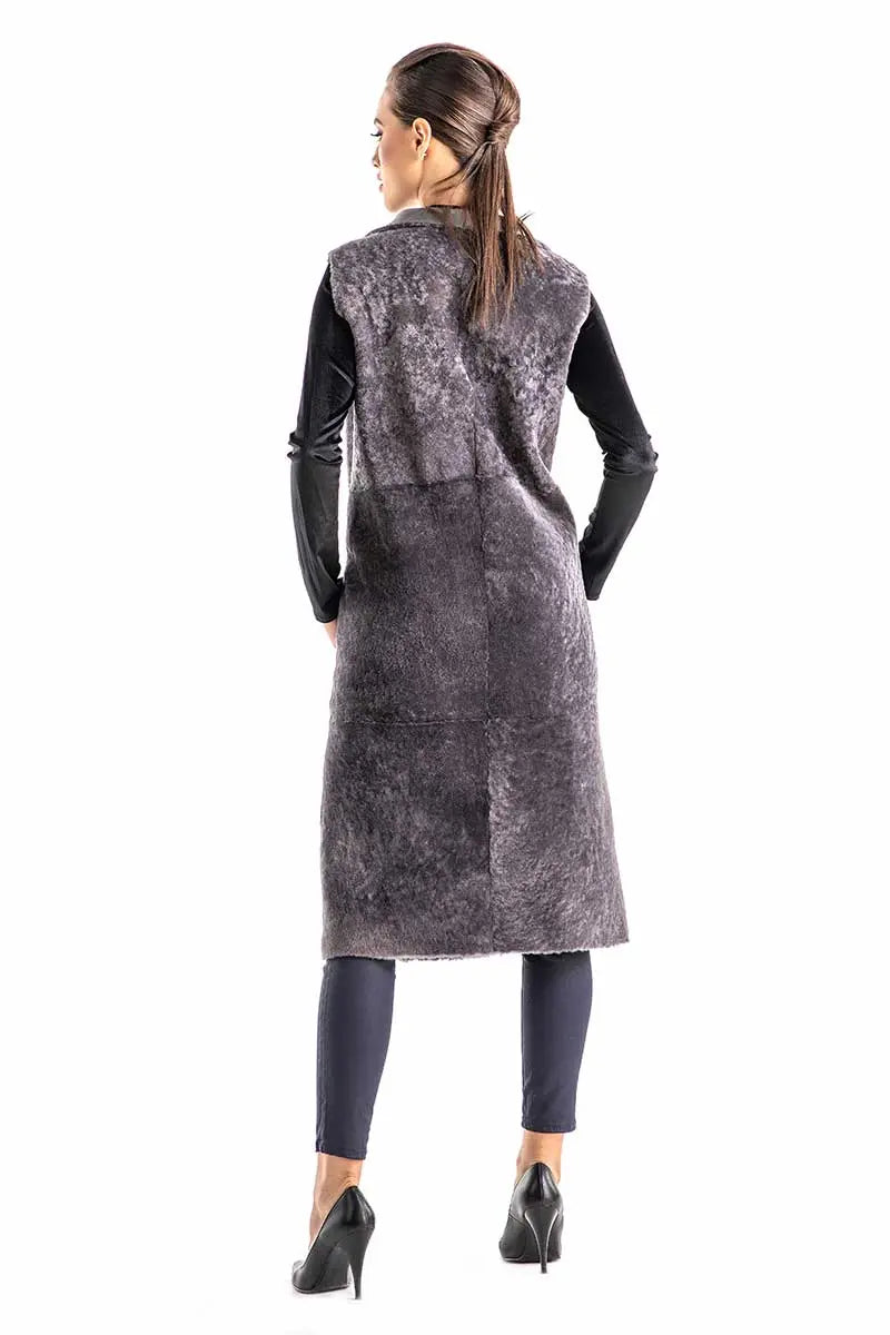 Gray Double Face Geniune Nappa Lamb Leather Mouton Long Fur Vest-1