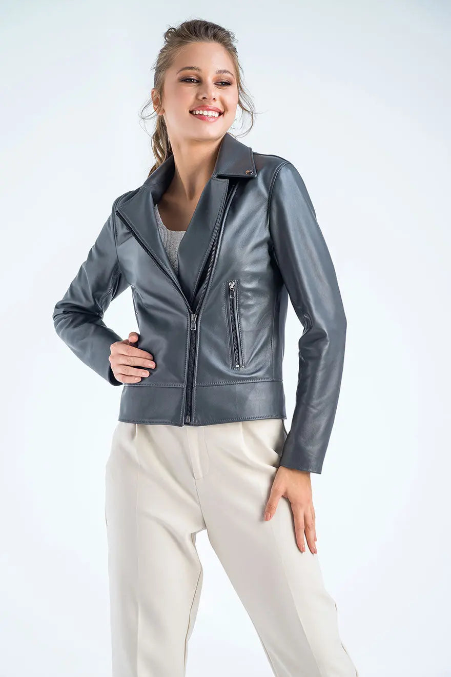 Gray Genuine Classic Cut Leather Jacket-3