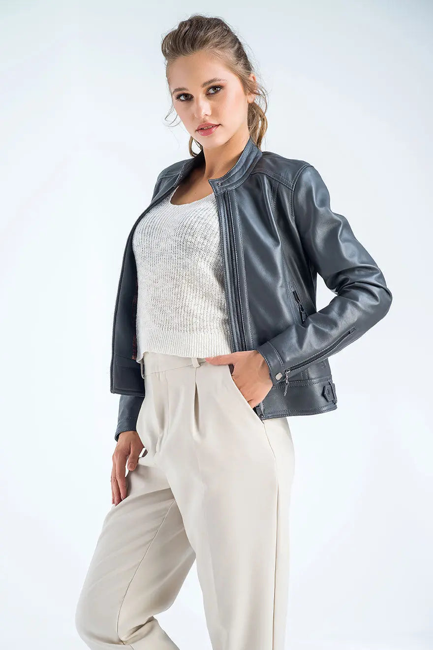 Gray Genuine Cropped Leather Jacket-3