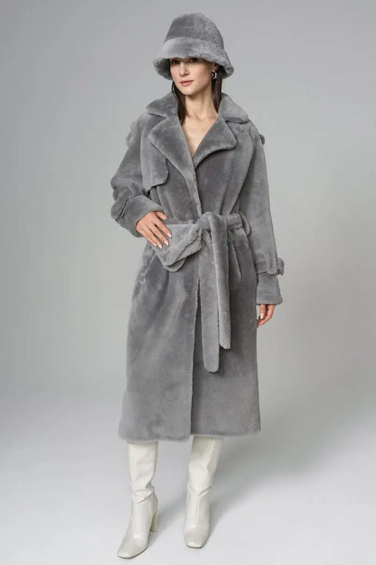 Gray Genuine Lamb Fur Overcoat with Fanny Pack-0