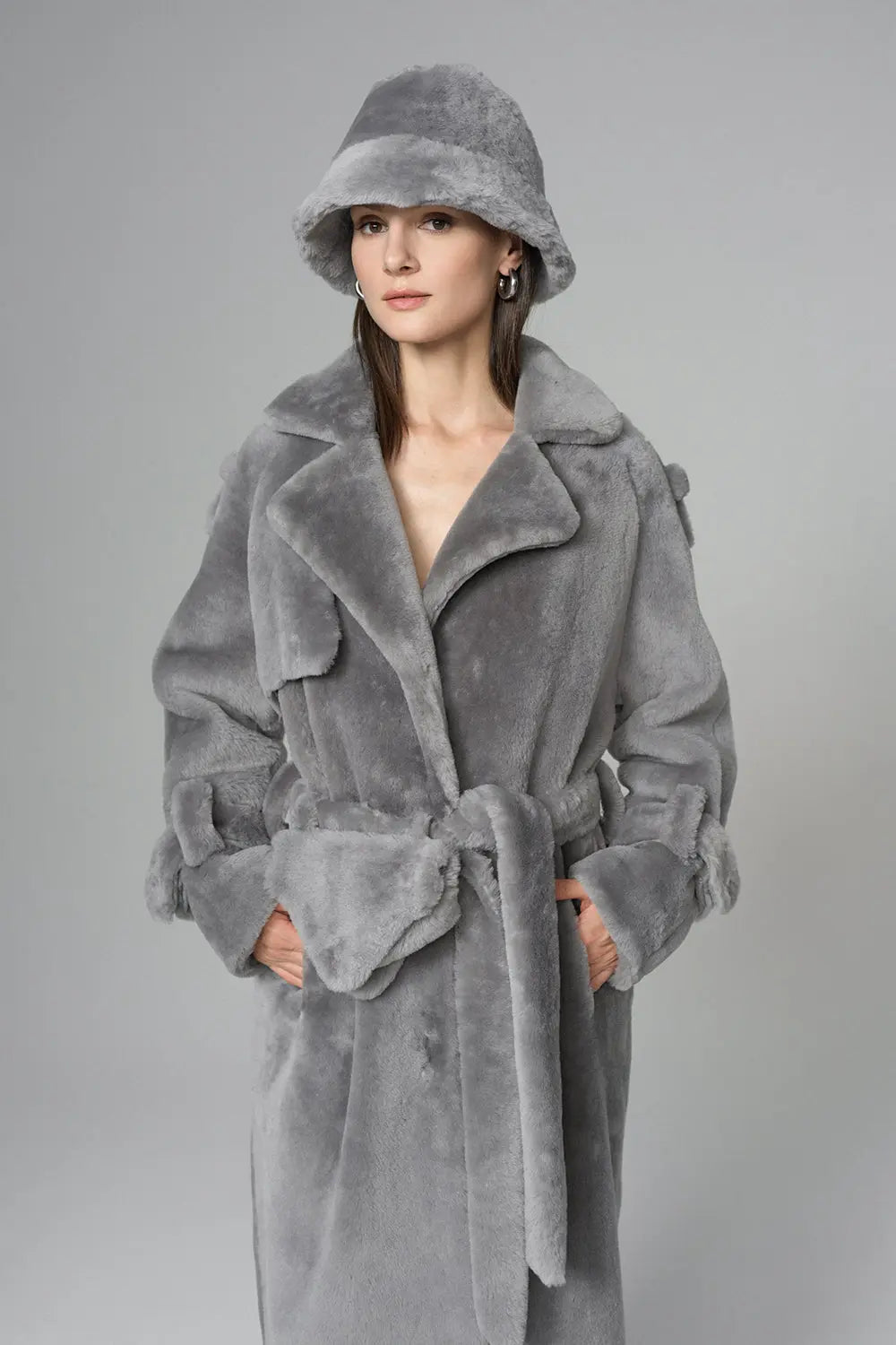 Gray Genuine Lamb Fur Overcoat with Fanny Pack-3