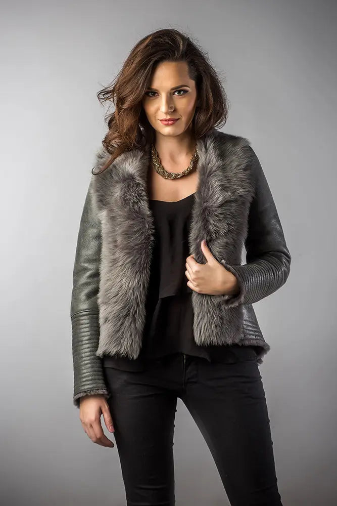 Gray Lamb Nappa Leather Jacket with Merino Fur Collar-0