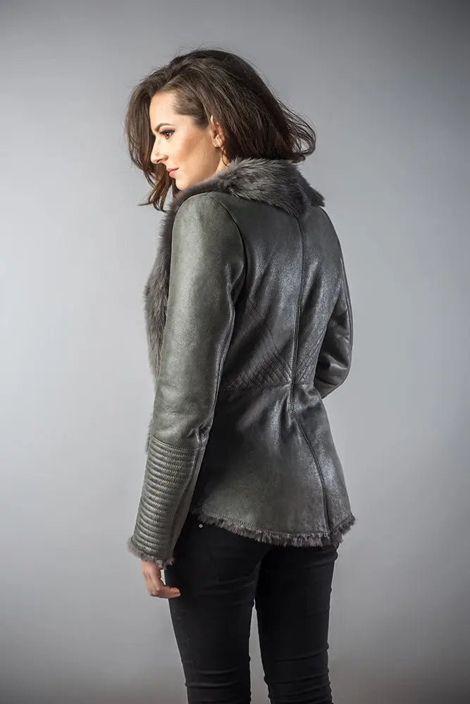 Gray Lamb Nappa Leather Jacket with Merino Fur Collar-1