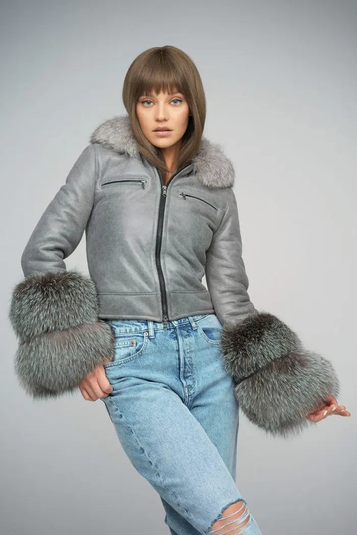 Gray Merino Leather Jacket with Fox Fur Collar and Cuffs-1