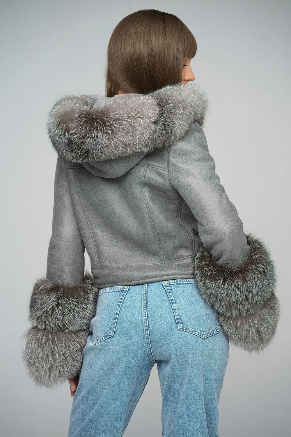 Gray Merino Leather Jacket with Fox Fur Collar and Cuffs-2