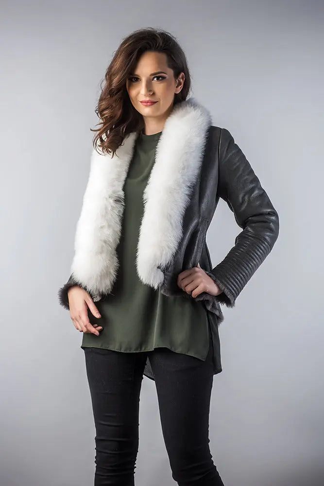 Gray Merino Shearling Jacket with Arctic Fox Fur Collar-0