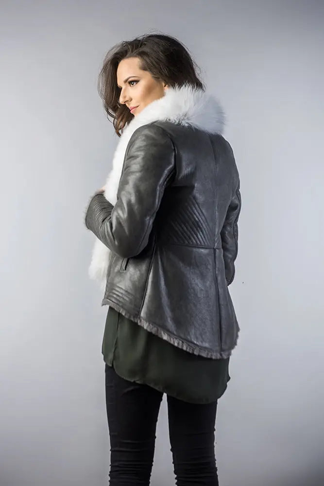 Gray Merino Shearling Jacket with Arctic Fox Fur Collar-1