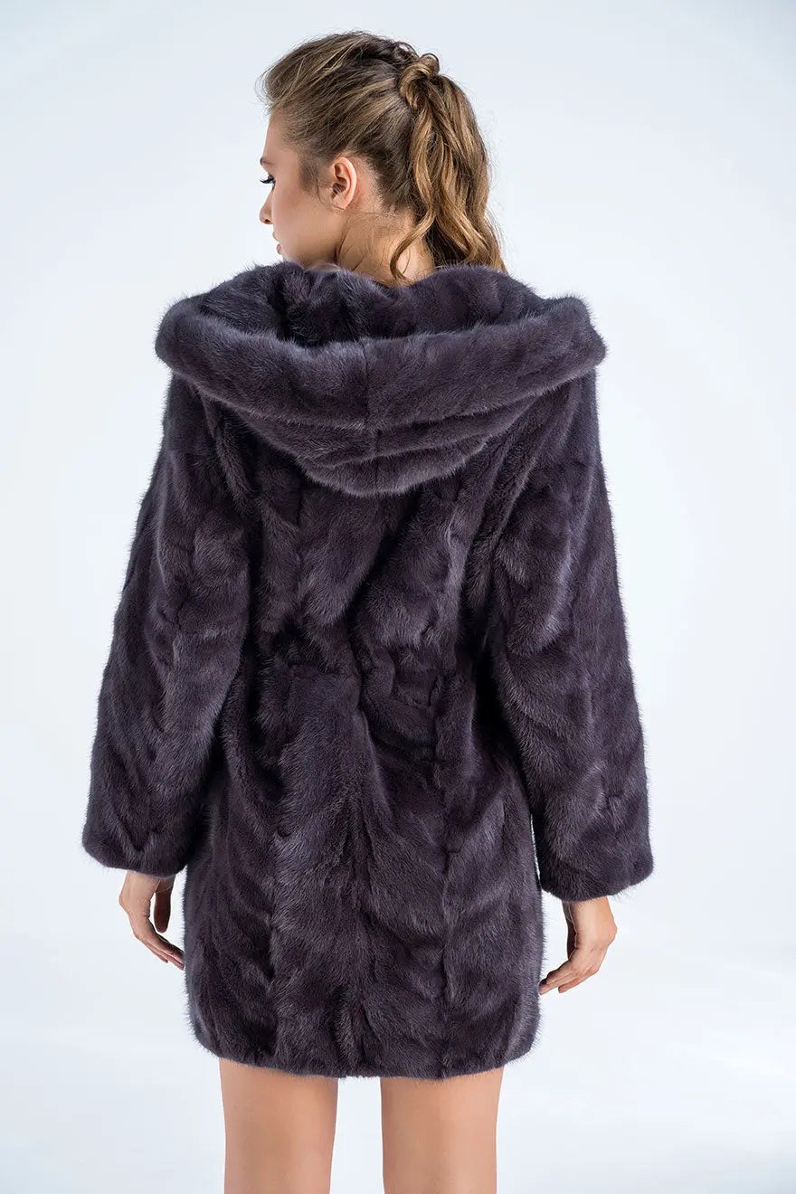 Gray Natural Hooded Mink Fur Coat-1