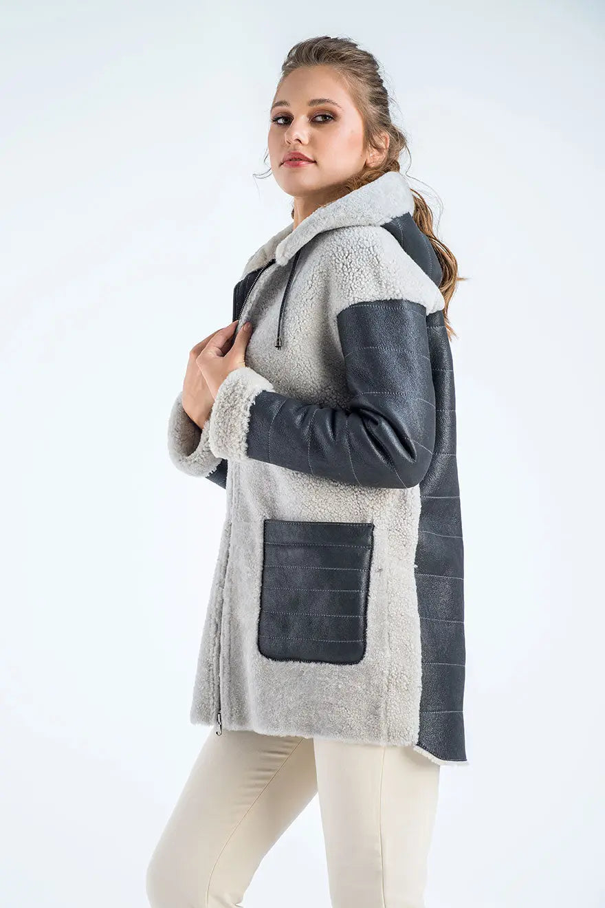 Gray Natural Shearling Sheepskin Hooded Jacket-2