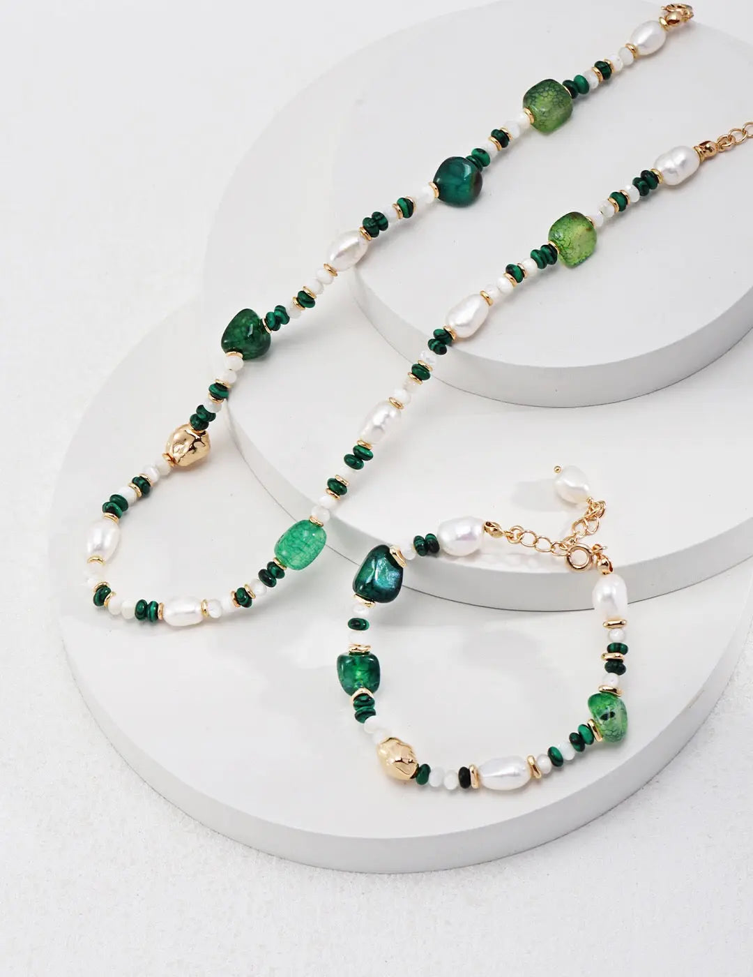 Green Agate With Pearl Beaded Necklace-3