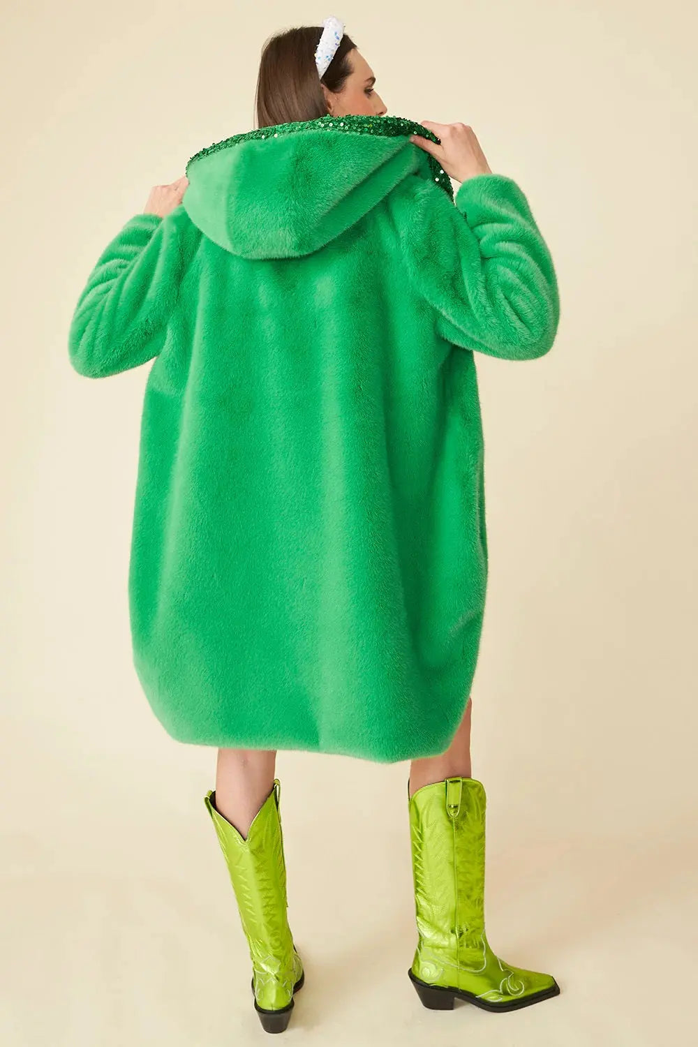 Green Faux Fur Sequins Trim Hooded Maxi Coat-1