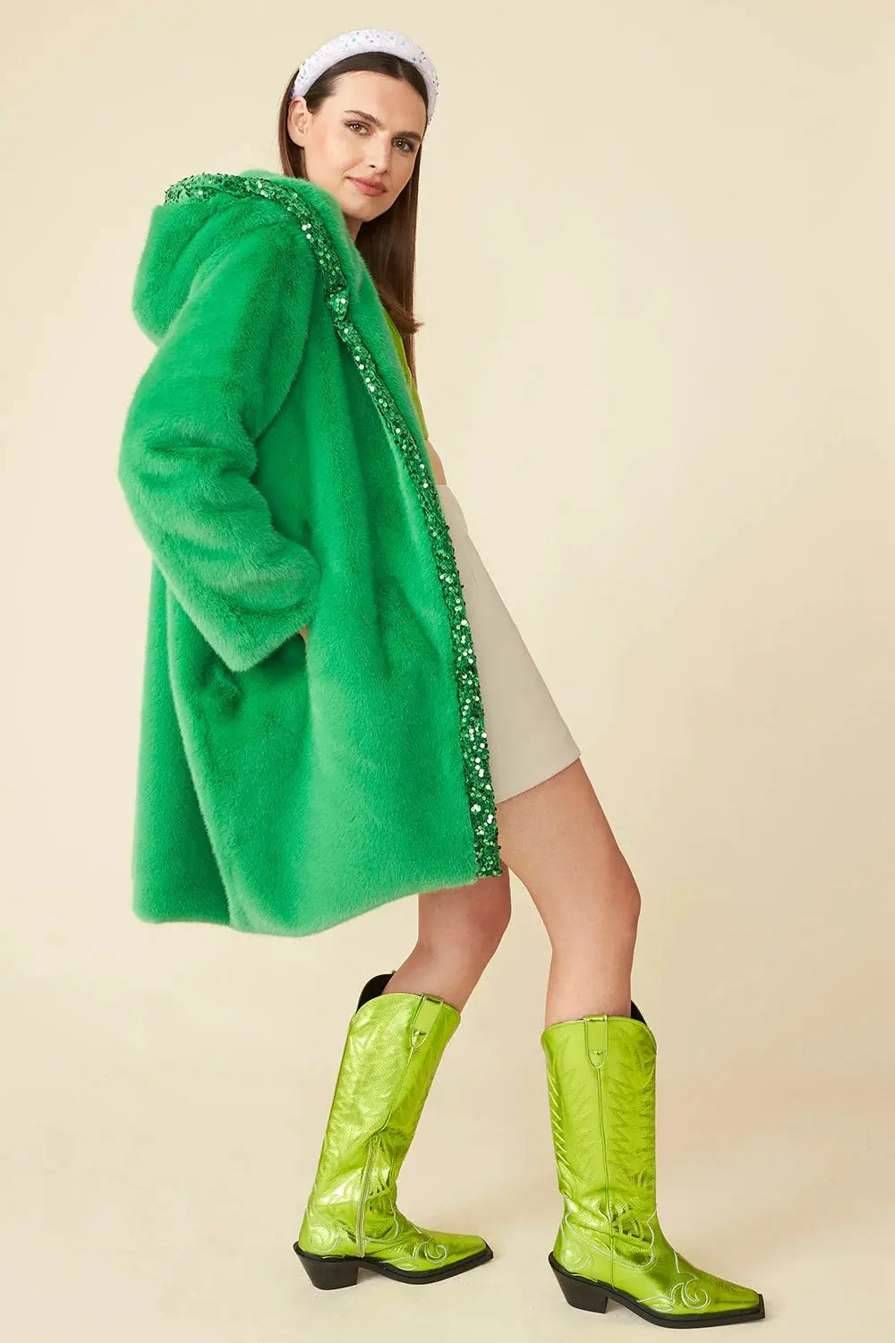 Green Faux Fur Sequins Trim Hooded Maxi Coat-2