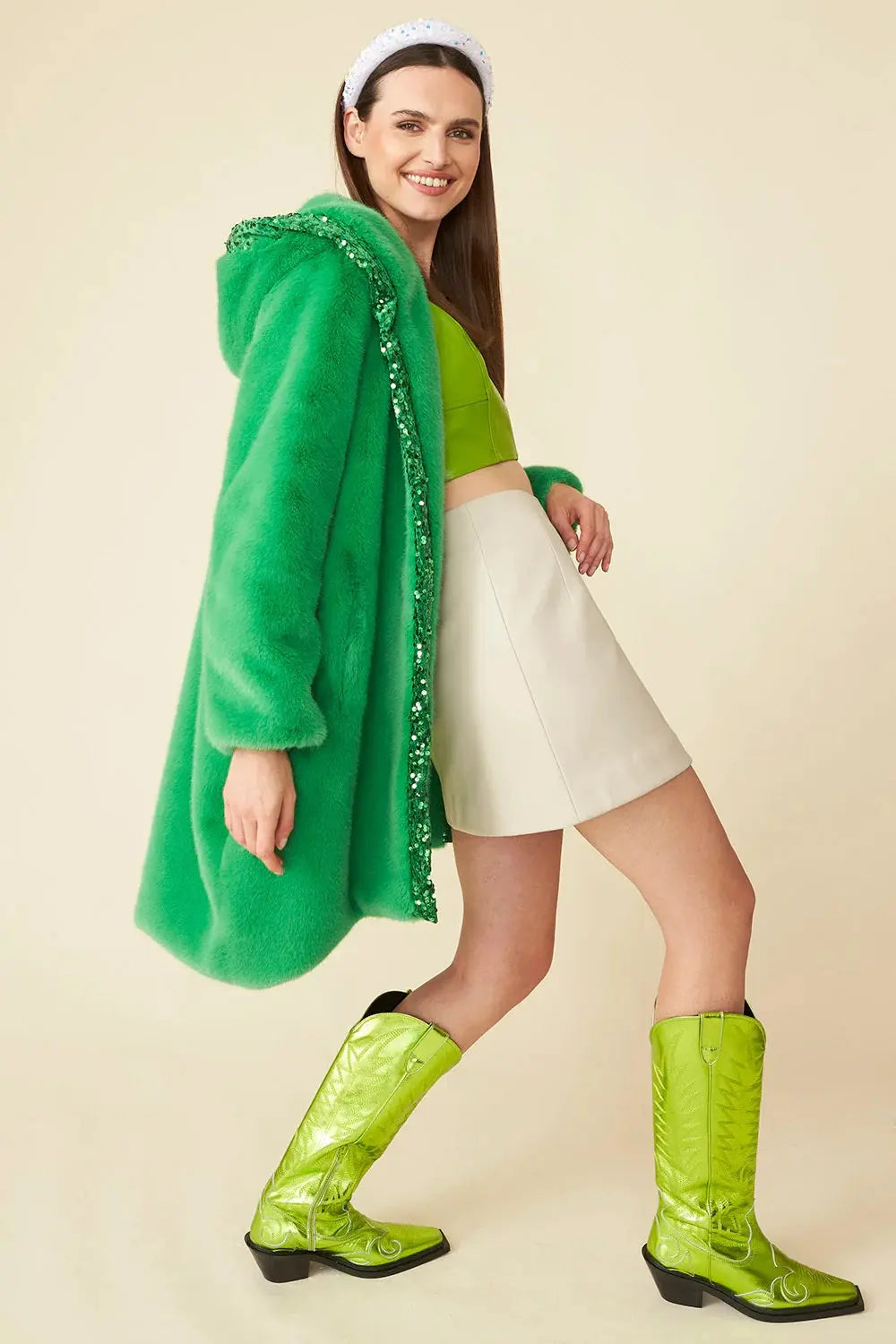 Green Faux Fur Sequins Trim Hooded Maxi Coat-3