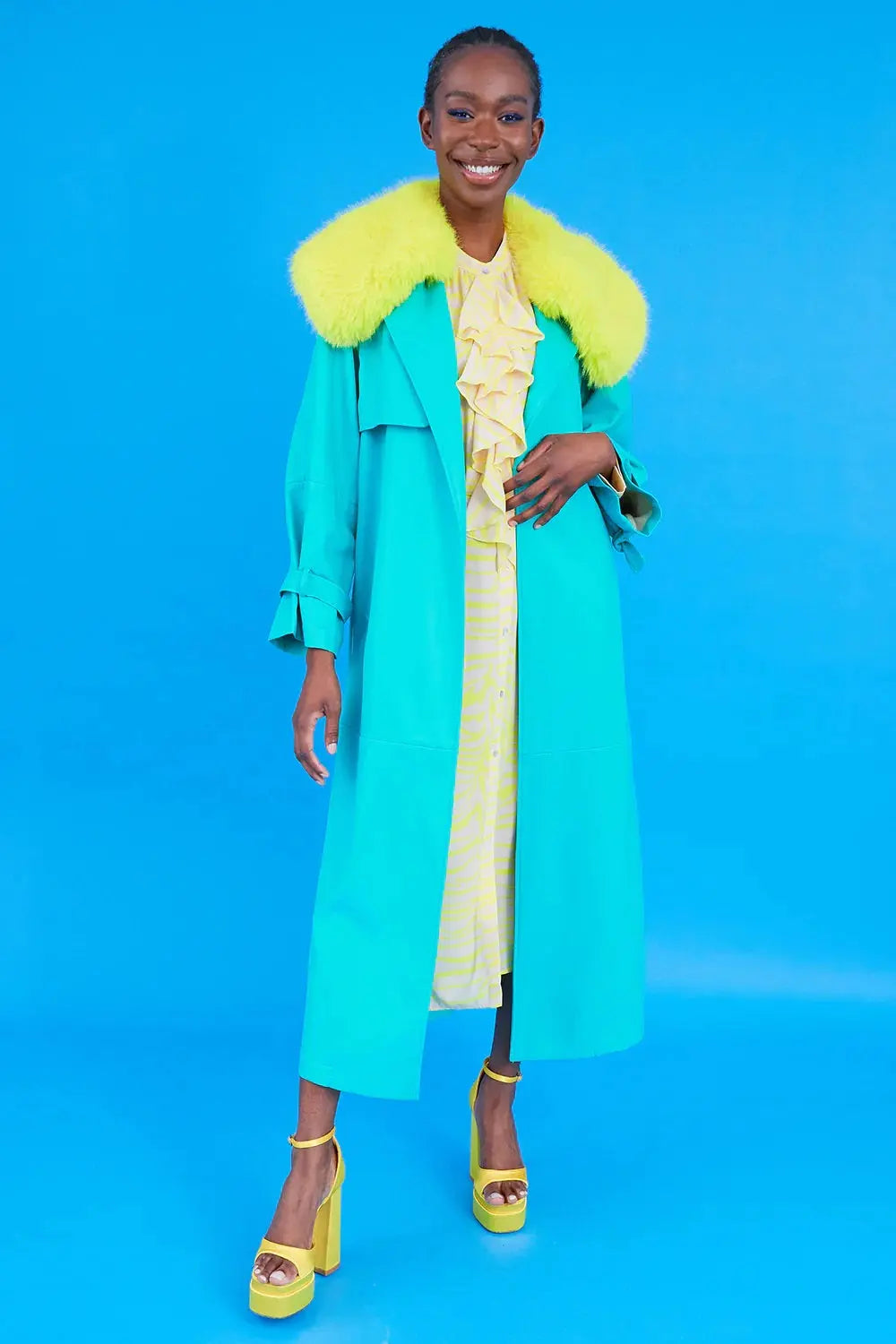 Green Faux Leather Trench Coat with Faux Fur Collar-3