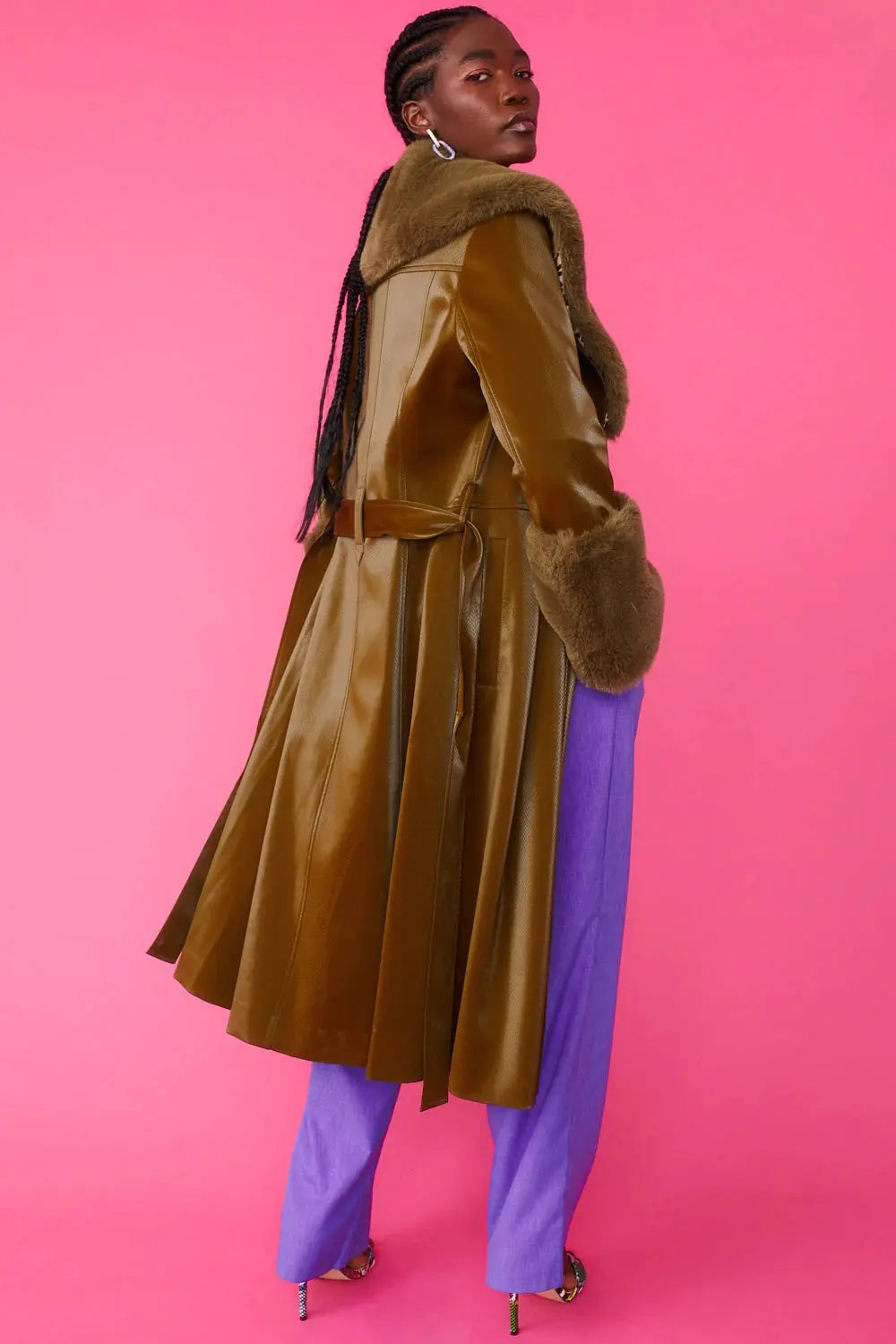 Green Faux Leather Trench Coat with Faux Fur Collar and Cuffs-3