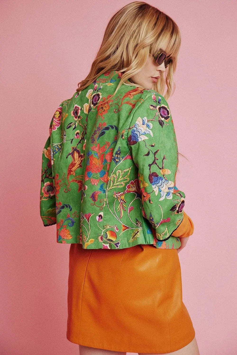 Green Faux Suede Floral Printed Jacket-1