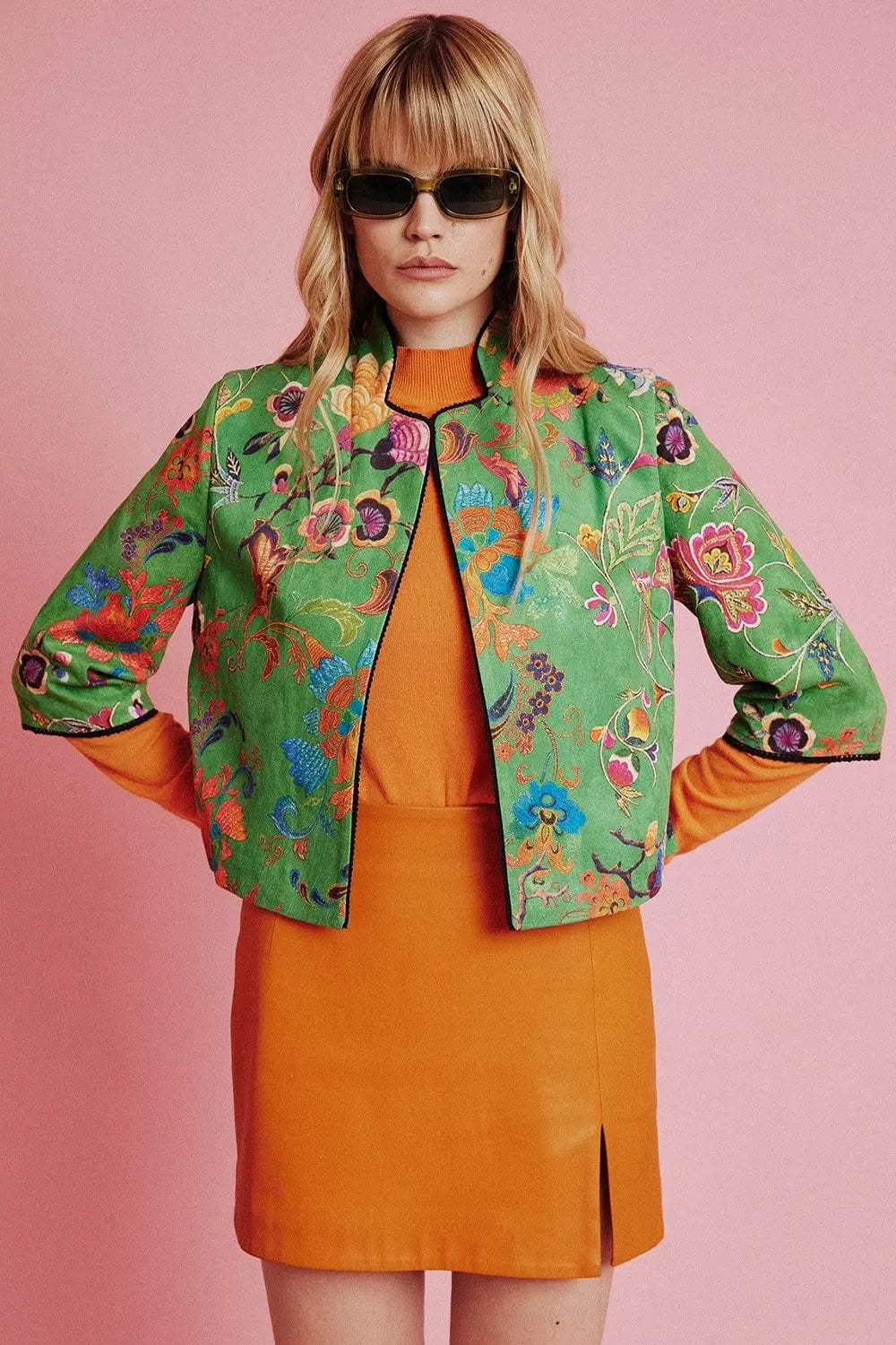 Green Faux Suede Floral Printed Jacket-3