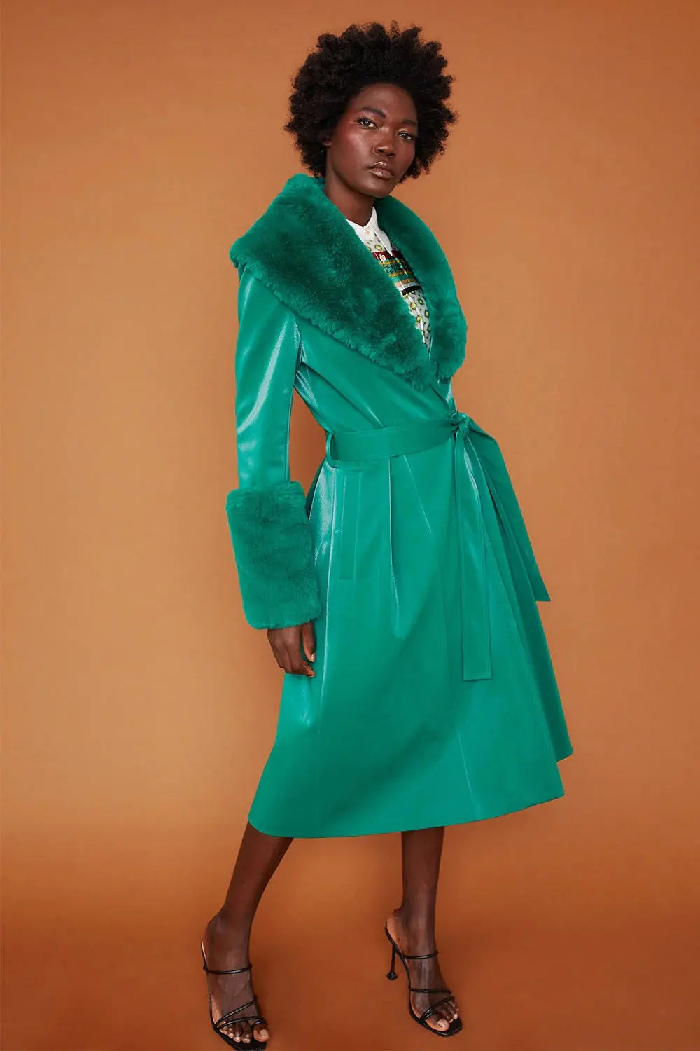 Green Faux Suede Trench Coat with Faux Fur Collar and Cuffs-0