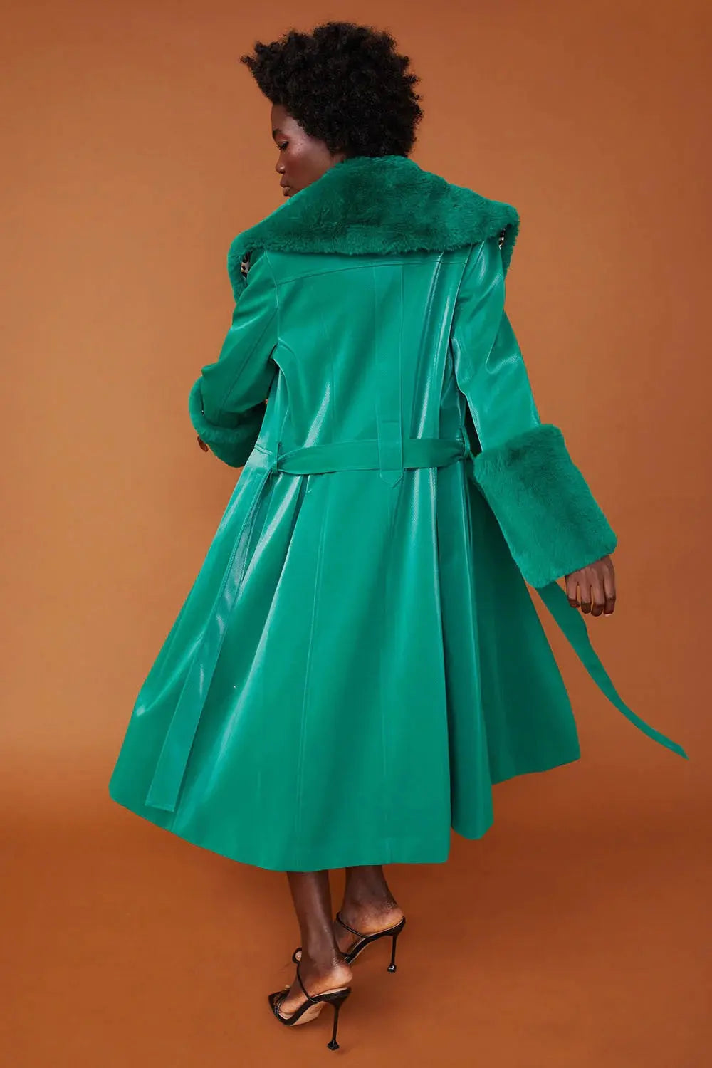 Green Faux Suede Trench Coat with Faux Fur Collar and Cuffs-3