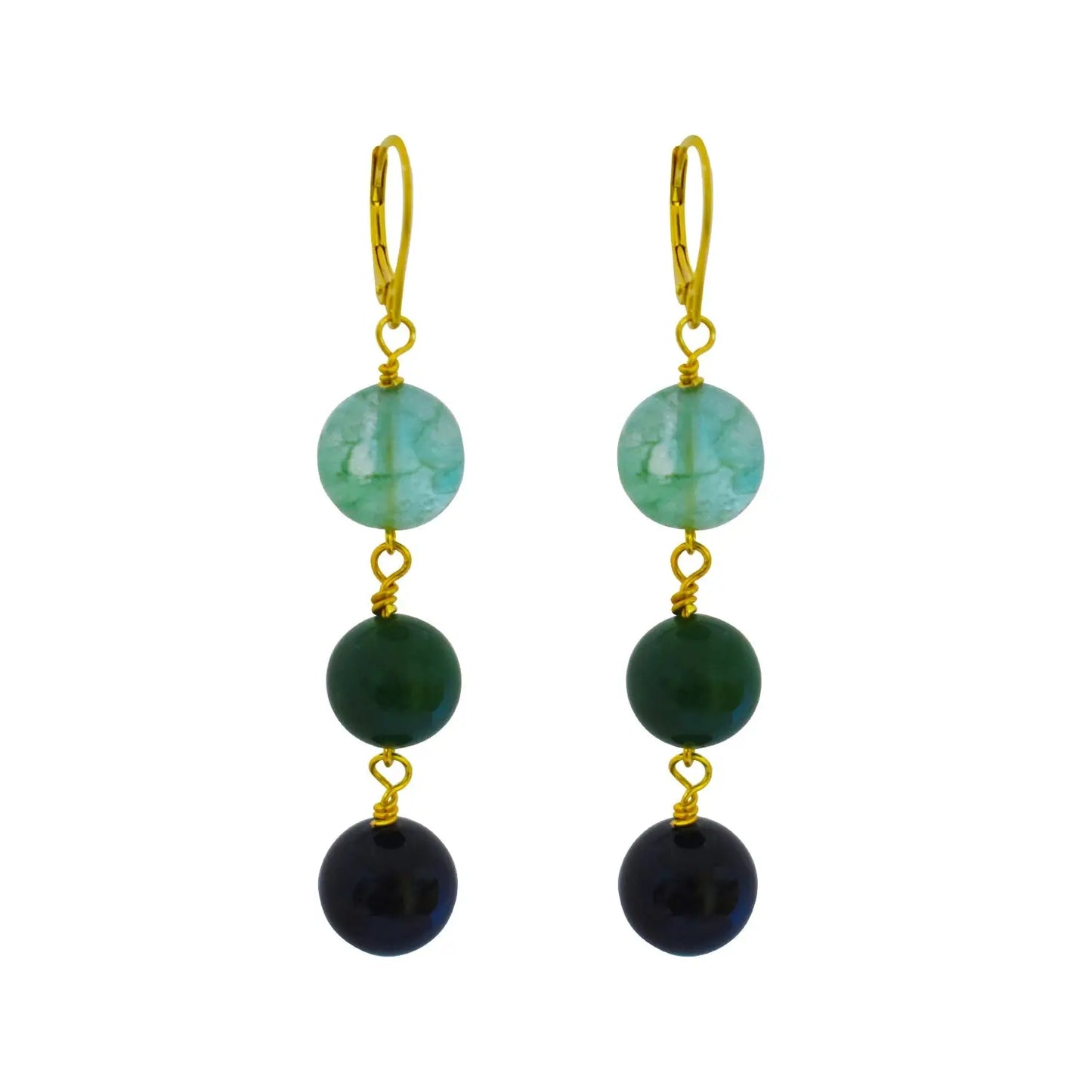 Green Quartz, Green Agate and Black Onyx Yellow Gold vermeil, 9k or 18k Gold Vermeil Earrings - Memoriex