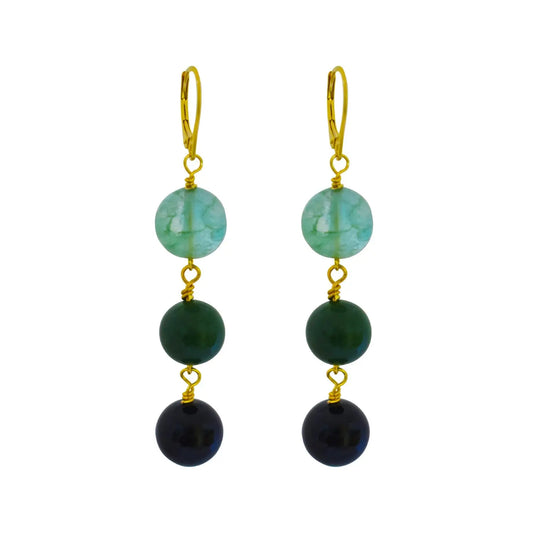 Green Quartz, Green Agate and Black Onyx Yellow Gold vermeil, 9k or 18k Gold Vermeil Earrings - Memoriex