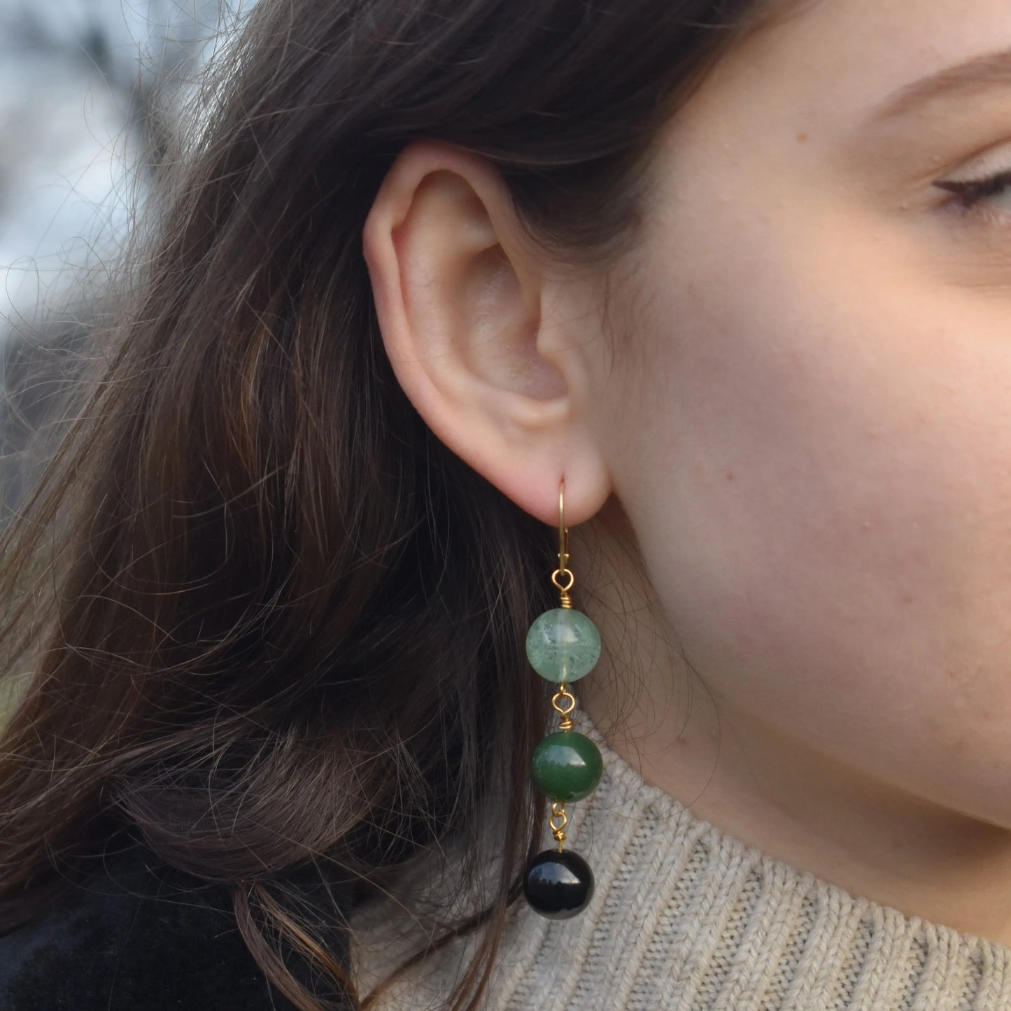 Green Quartz, Green Agate and Black Onyx Yellow Gold vermeil, 9k or 18k Gold Vermeil Earrings - Memoriex