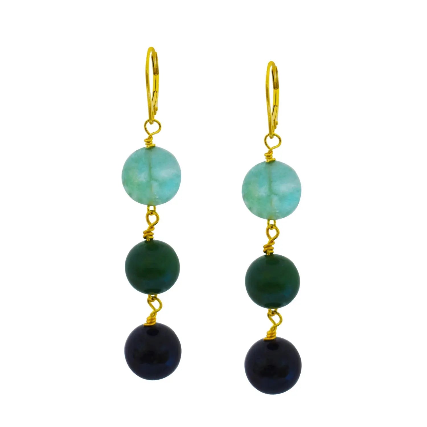 Green Quartz, Green Agate and Black Onyx Yellow Gold vermeil, 9k or 18k Gold Vermeil Earrings - Memoriex