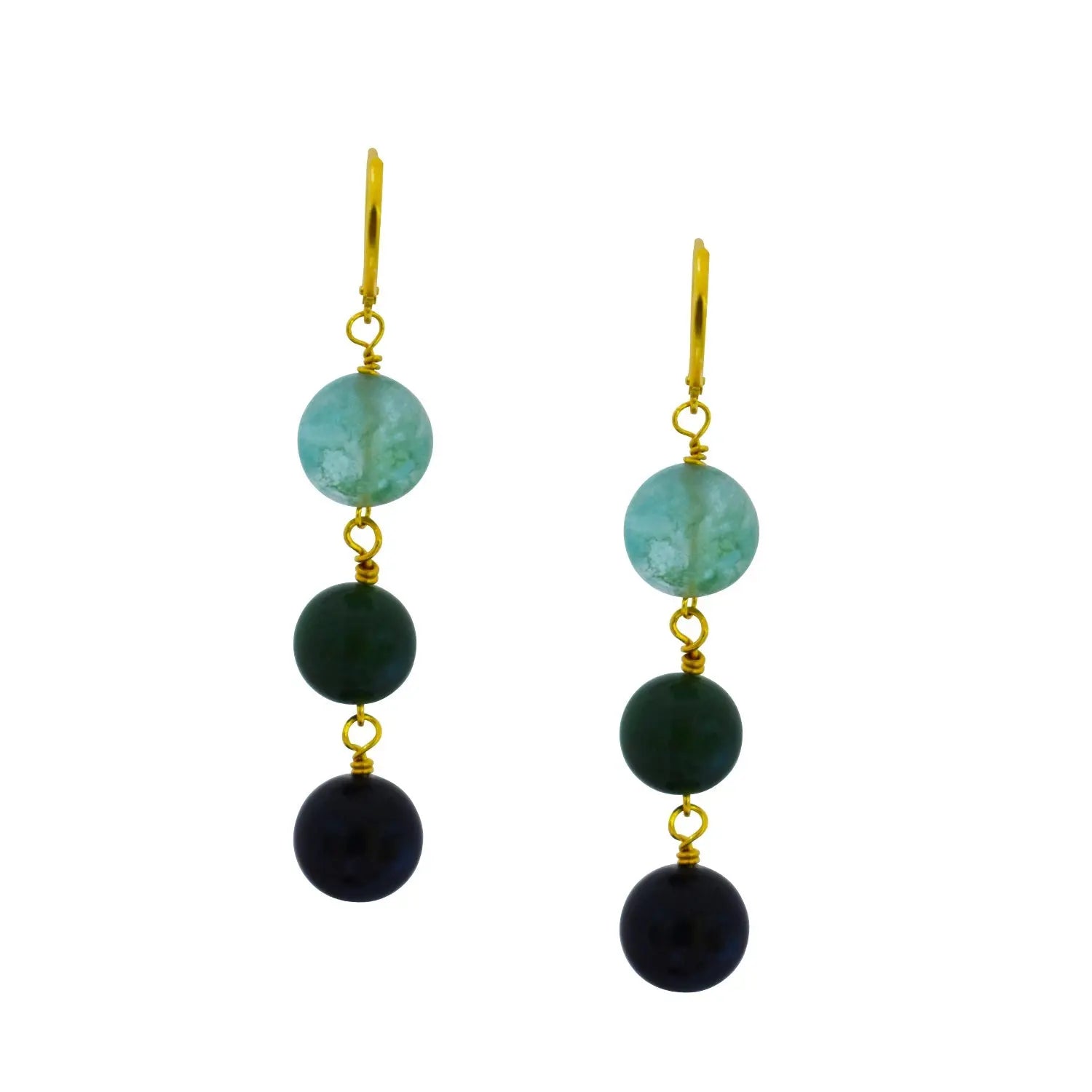 Green Quartz, Green Agate and Black Onyx Yellow Gold vermeil, 9k or 18k Gold Vermeil Earrings - Memoriex