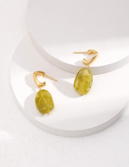 Green Resin Stone Drop Earrings-0