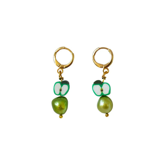 Green apples and green freshwater pearl earrings - Memoriex