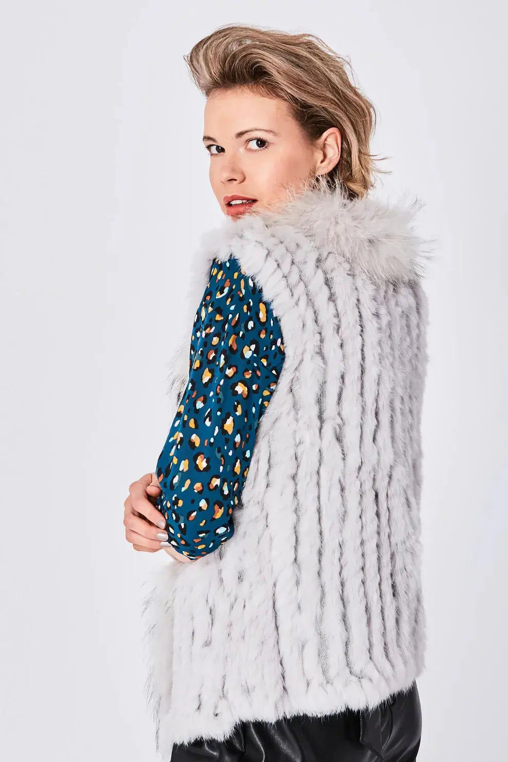 Grey Fox and Coney Fur Gilet With Collar Feature-1