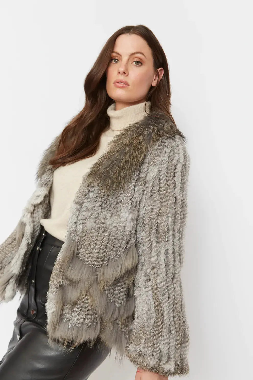 Grey Scalloped Coney Fur Jacket With Fox Fur Collar-1