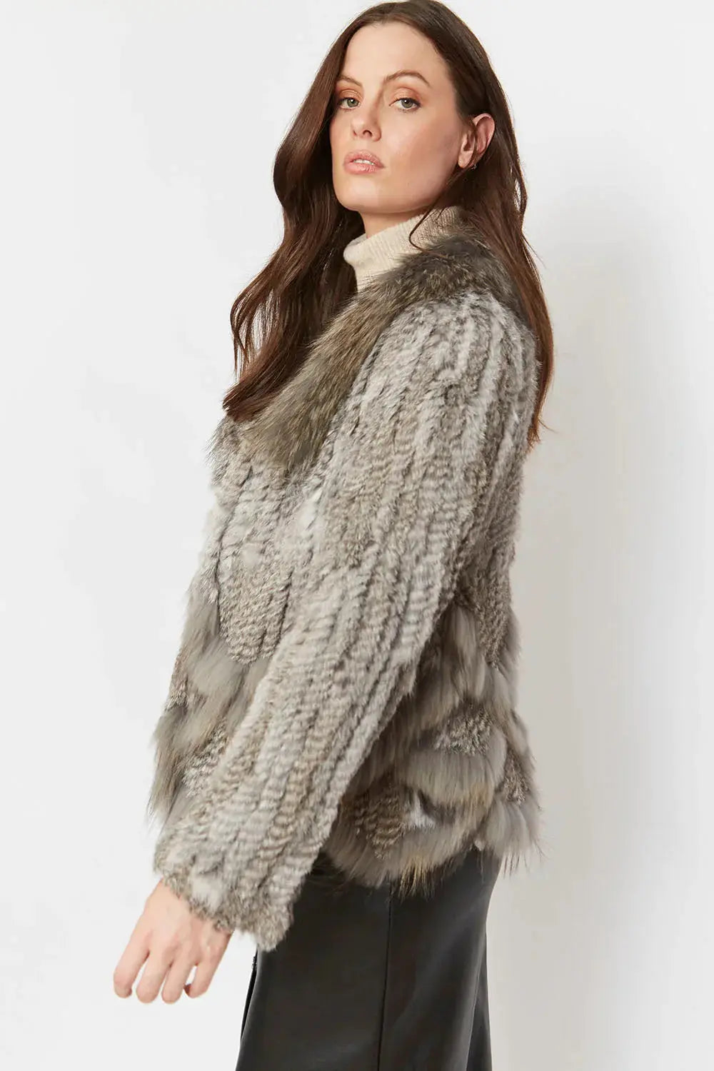 Grey Scalloped Coney Fur Jacket With Fox Fur Collar-2