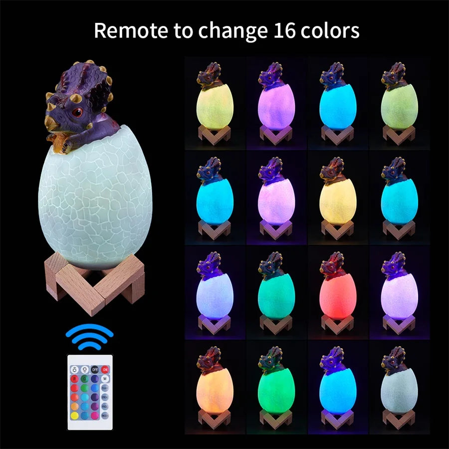 Dinosaur LED Night Light 16 Colors 3D Printed Touch Sensor Triceratops Egg Bedside Lamp Remote Control Toy Rechargeable Light