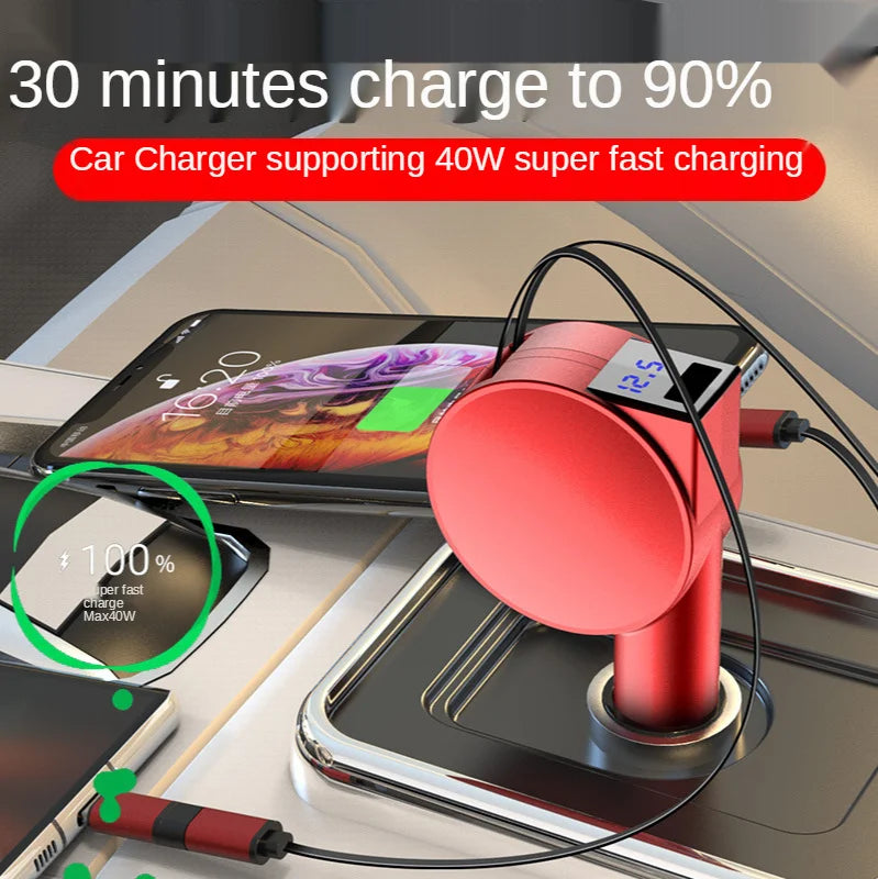 Vogek 3-in-1 Car Charger 60W Super Fast Charging for iPhone Xiaomi Huawei Samsung with Telescopic Charging Cables and Adapters - Memoriex 