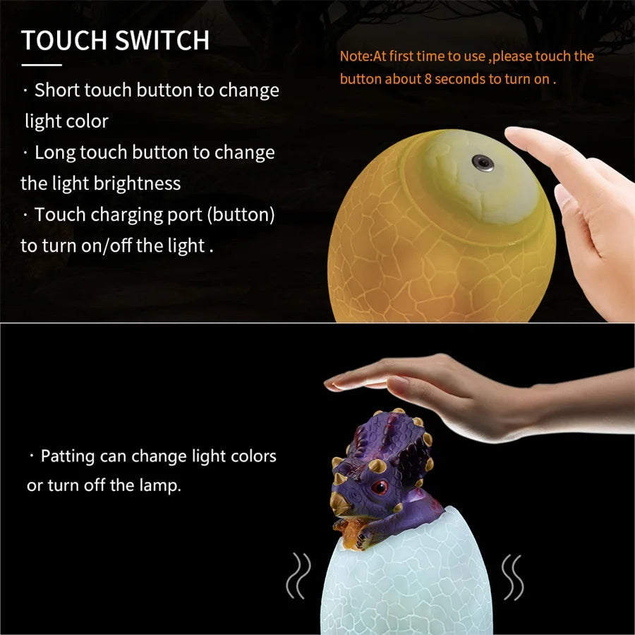 Dinosaur LED Night Light 16 Colors 3D Printed Touch Sensor Triceratops Egg Bedside Lamp Remote Control Toy Rechargeable Light