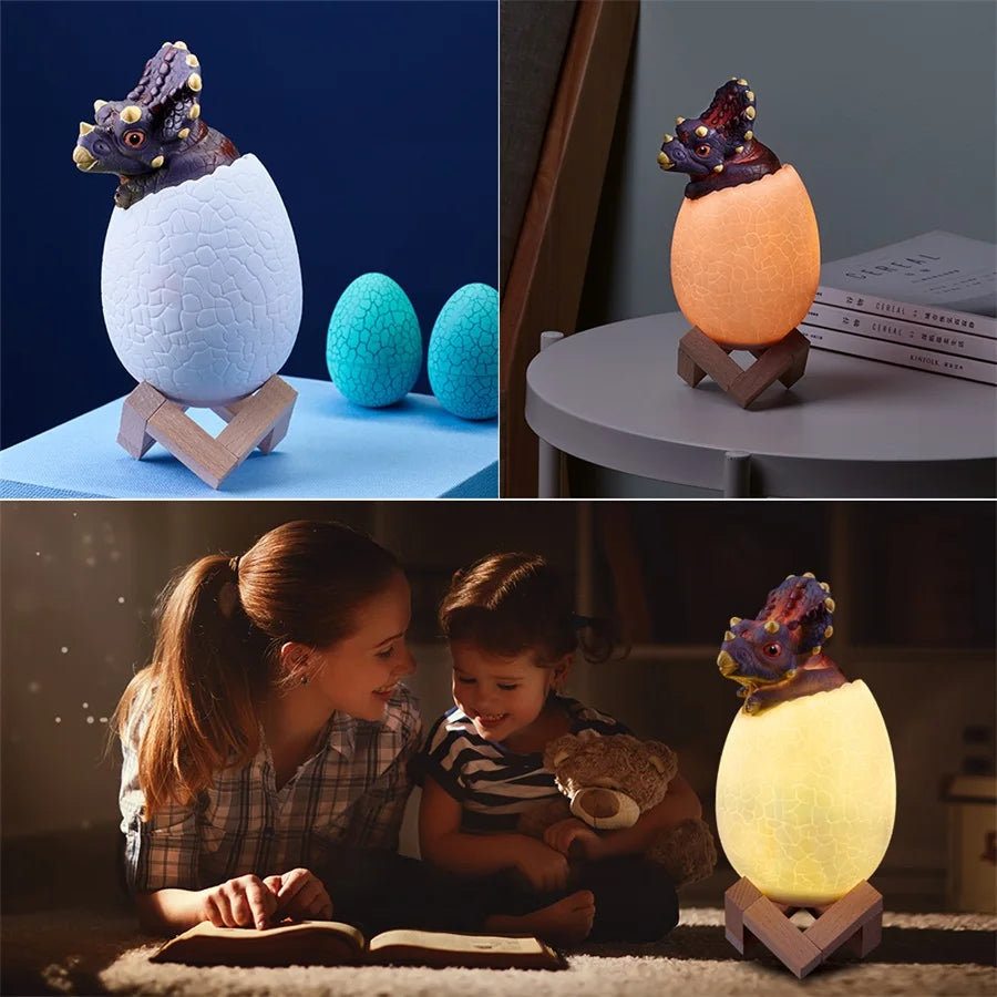 Dinosaur LED Night Light 16 Colors 3D Printed Touch Sensor Triceratops Egg Bedside Lamp Remote Control Toy Rechargeable Light