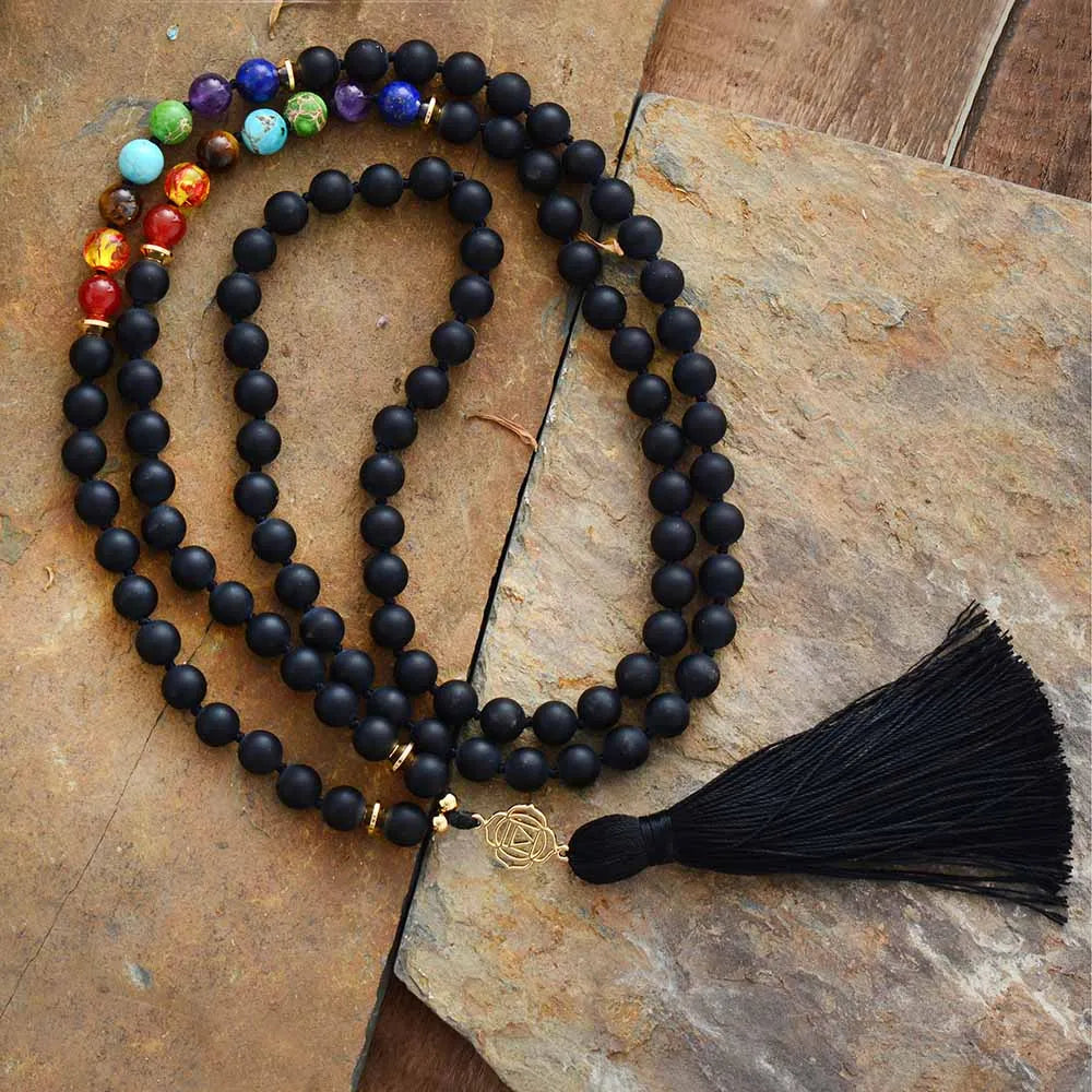 Black Onyx 7 Chakra Mala Necklace 108 Beads-0