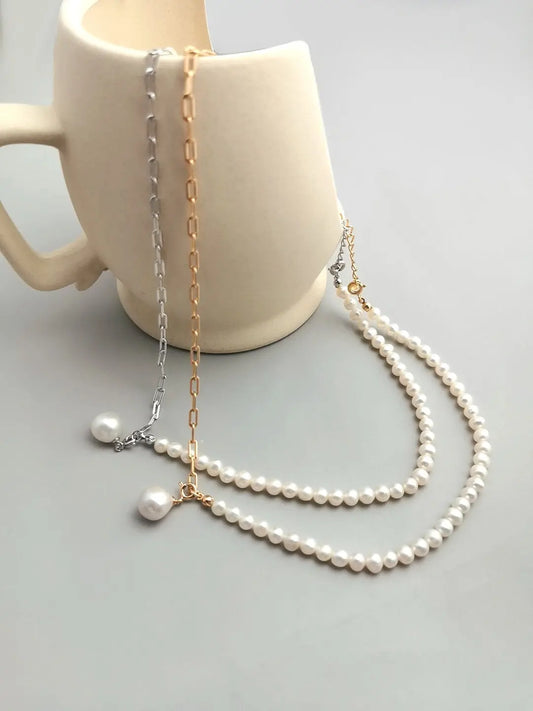 Half Chain Half Pearl Pendant Necklace-0