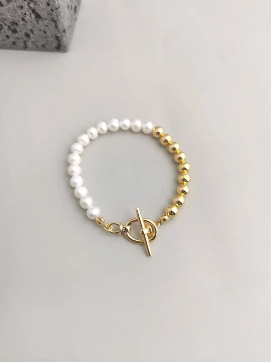 Half Pearl Half Bead Toggle Bar Bracelet-0