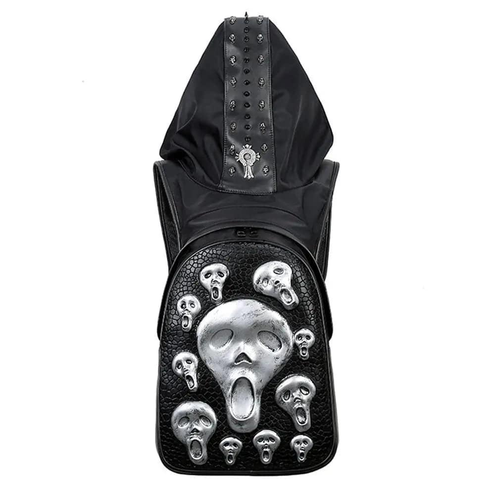 Halloween Backpack 3D Skull Ghost Doodle Morph Backpack Rivets Punk Laptop Computer Bag With Hat-3