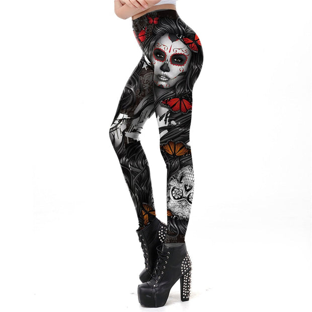 Halloween Sugar Skull Leggings For Women Girl Rose Print Fantastic Workout Party Ankle Pant - Memoriex 