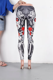 Halloween Sugar Skull Leggings For Women Girl Rose Print Fantastic Workout Party Ankle Pant - Memoriex 