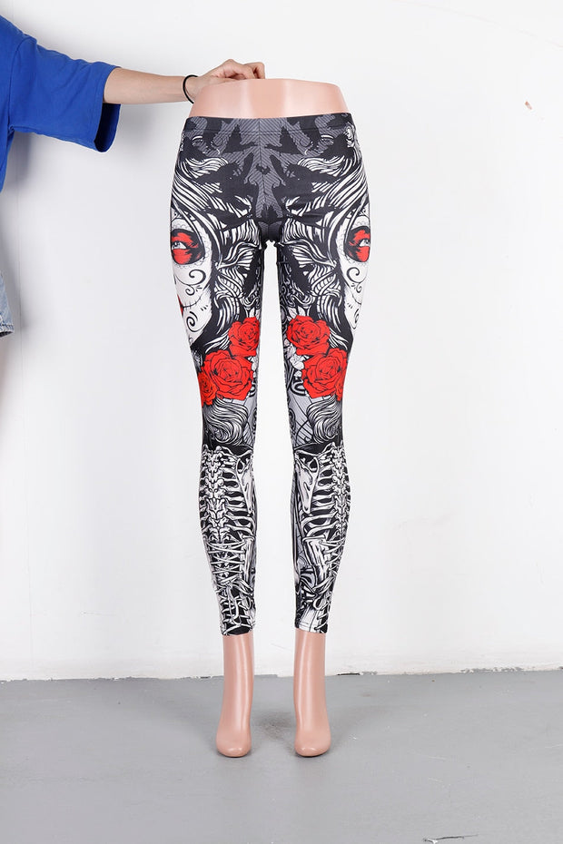 Halloween Sugar Skull Leggings For Women Girl Rose Print Fantastic Workout Party Ankle Pant - Memoriex 