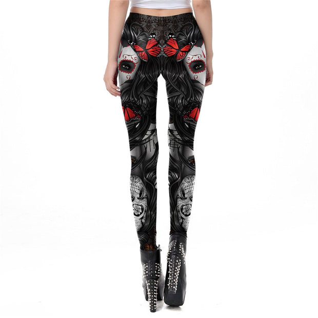 Halloween Sugar Skull Leggings For Women Girl Rose Print Fantastic Workout Party Ankle Pant - Memoriex 