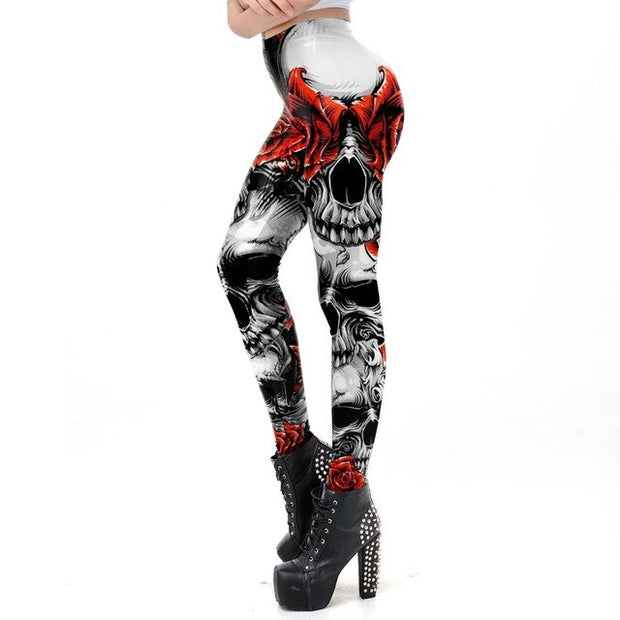 Halloween Sugar Skull Leggings For Women Girl Rose Print Fantastic Workout Party Ankle Pant - Memoriex 