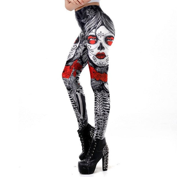 Halloween Sugar Skull Leggings For Women Girl Rose Print Fantastic Workout Party Ankle Pant - Memoriex 