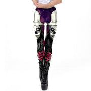 Halloween Sugar Skull Leggings For Women Girl Rose Print Fantastic Workout Party Ankle Pant - Memoriex 