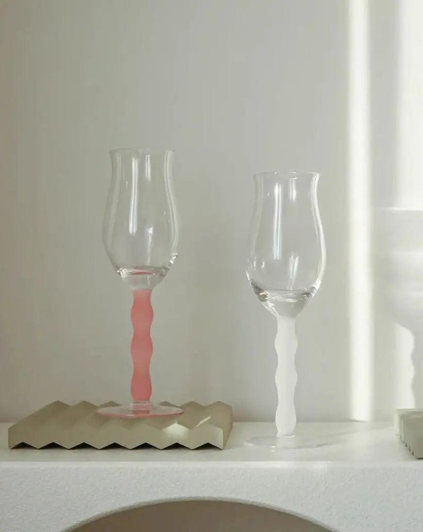 Handblown Retro Wavy Rose Wine Glasses Set of 4 Pcs ( $14.9 Each )-0